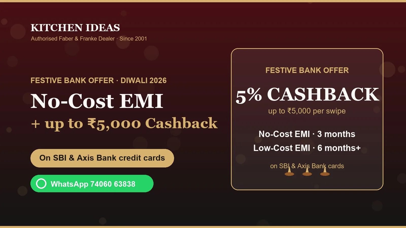 Festive bank offer — no-cost EMI and up to ₹5,000 cashback at Kitchen IDEAS Bengaluru